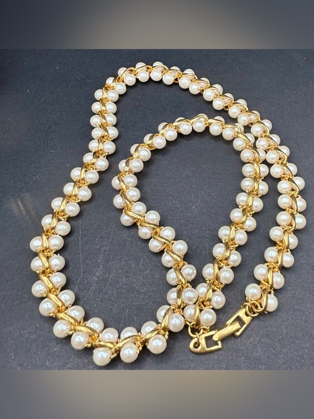 Vintage Napier Faux Pearl Gold Tone Woven Chain Twisted Matinee Necklace 23”